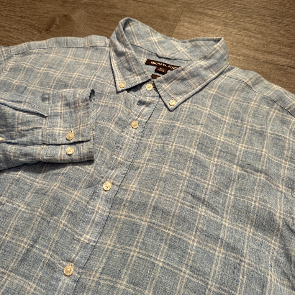 Michael Kors Shirt Mens XXL‎ Blue Plaid 100% Linen Slim Fit Preppy Casual Summer